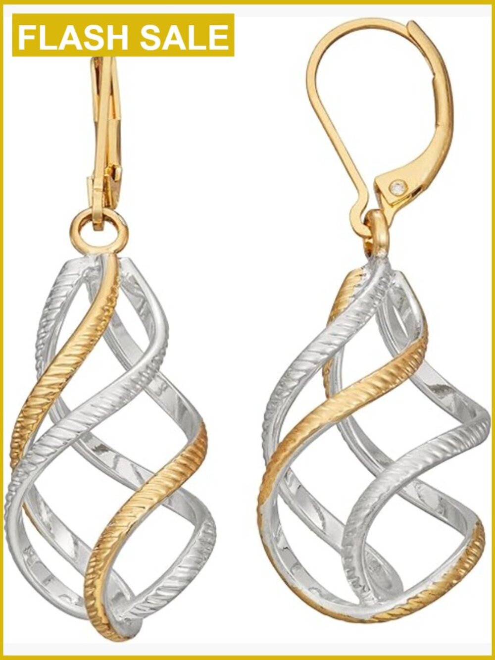 Mixed Metal Linear Earrings with Twisted Drop Design, Leverback Closure